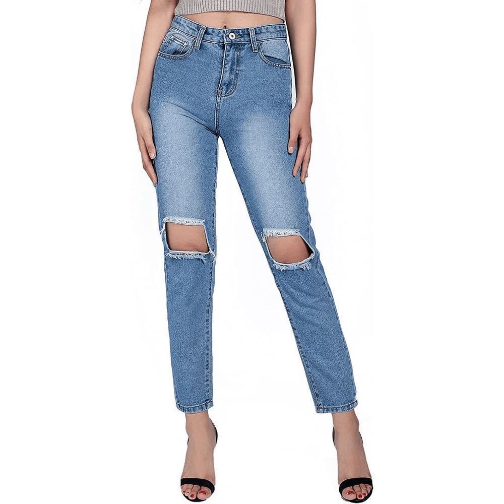 SRPEDRO Women's High-Rise High-Waisted Distressed Denim Jeans Mid-Wash Size Smal